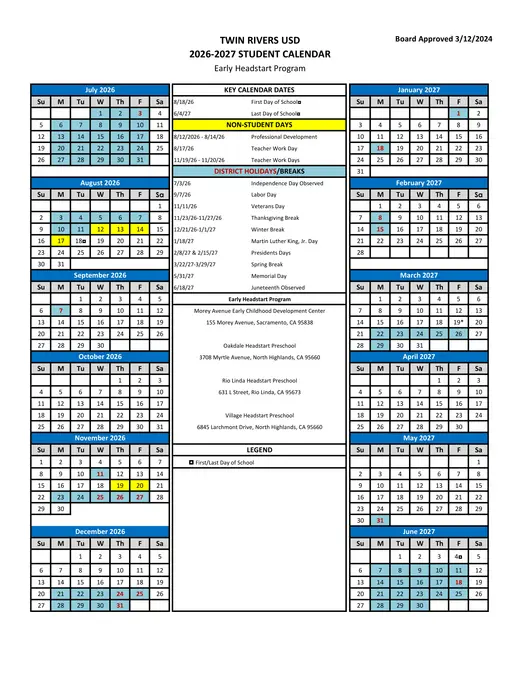 Twin Rivers Unified School District 2026–2027 Academic Calendar Page 3