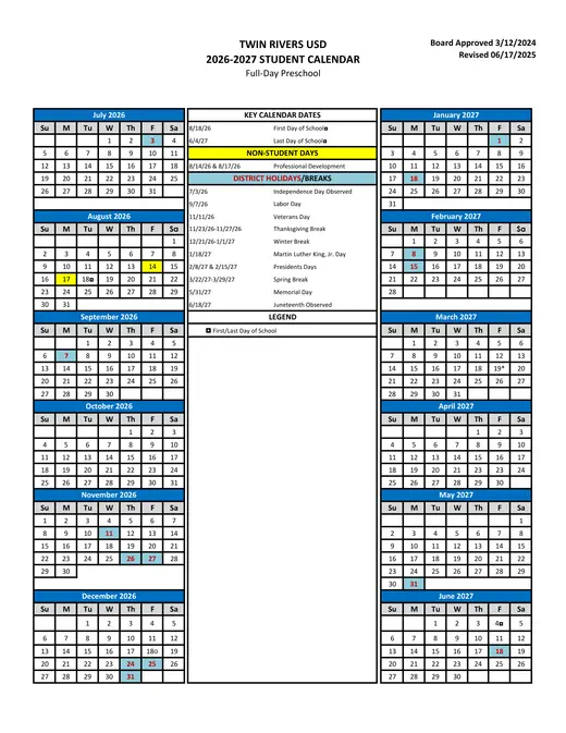 Twin Rivers Unified School District 2026–2027 Academic Calendar Page 4