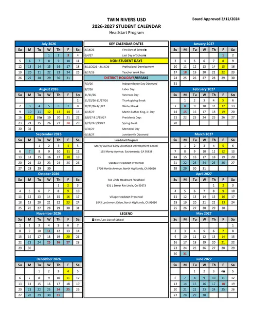 Twin Rivers Unified School District 2026–2027 Academic Calendar Page 5