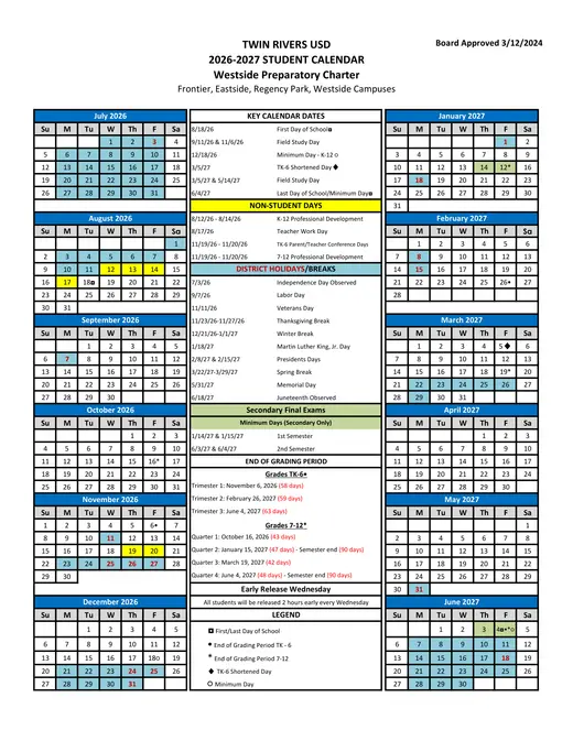 Twin Rivers Unified School District 2026–2027 Academic Calendar Page 7