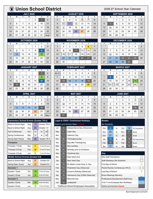 Union School District 2026–2027 Academic Calendar
