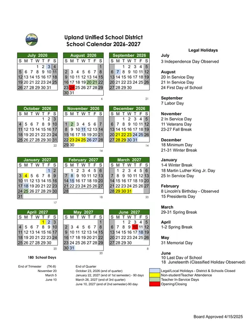 Upland Unified School District 2026–2027 Academic Calendar