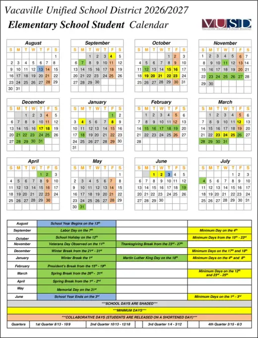 Vacaville Unified School District VUSD USD 2026-2027 Academic Calendar