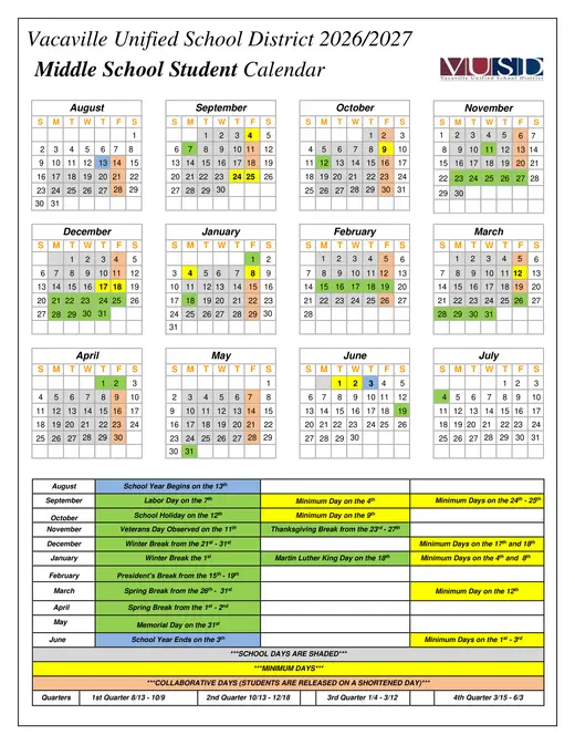Vacaville Unified School District VUSD 2026–2027 Academic Calendar