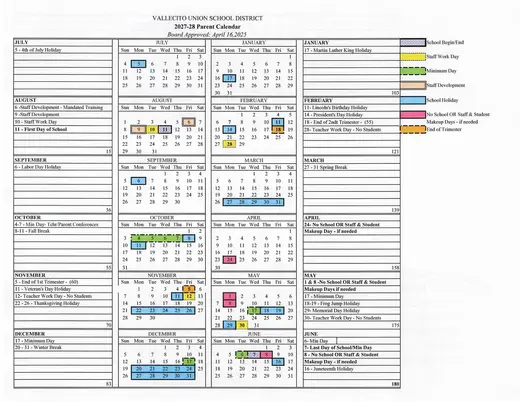 Vallecito Union School District 2028–2029 Academic Calendar Page 1