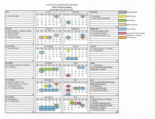 Vallecito Union School District 2028–2029 Academic Calendar Page 2