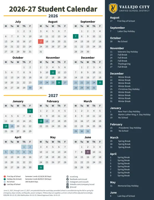 Vallejo City Unified School District VCUSD 2026–2027 Academic Calendar Page 1