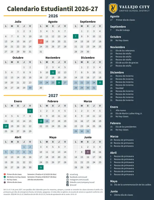 Vallejo City Unified School District VCUSD 2026–2027 Academic Calendar Page 2