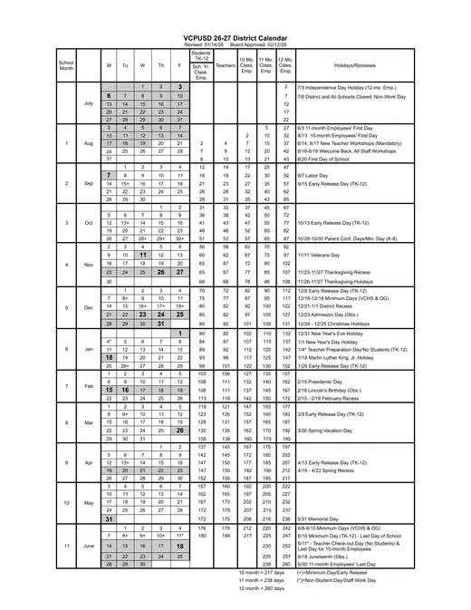 Valley Center-Pauma Unified School District 2026–2027 Academic Calendar