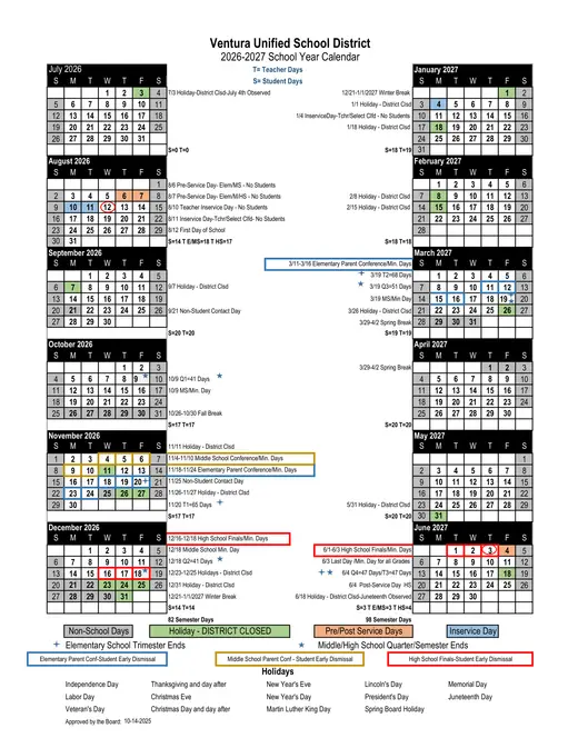 Ventura Unified School District VUSD 2026–2027 Academic Calendar