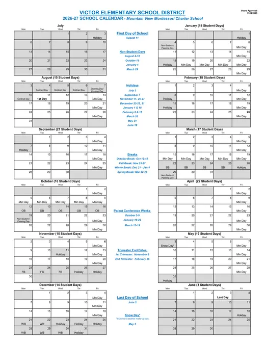 Victor Elementary School District 2026–2027 Academic Calendar Page 1