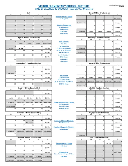 Victor Elementary School District 2026–2027 Academic Calendar Page 2