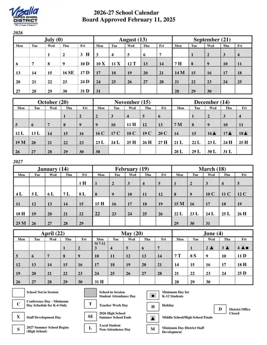 Visalia Unified School District 2026–2027 Academic Calendar Page 1