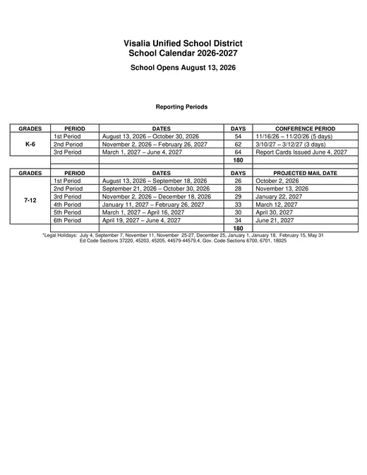 Visalia Unified School District 2026–2027 Academic Calendar Page 2