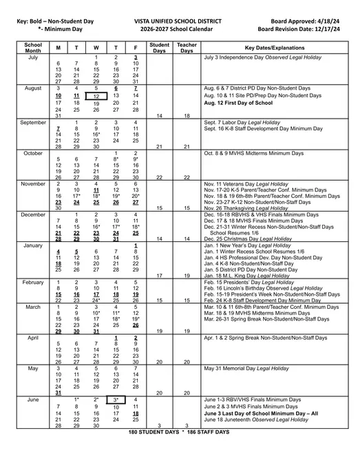 Vista Unified School District 2026–2027 Academic Calendar