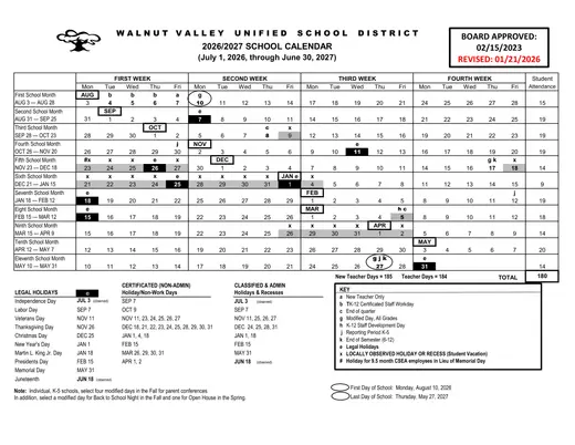 Walnut Valley Unified School District 2026–2027 Academic Calendar