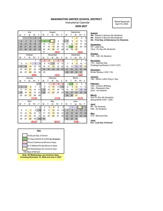 Washington Unified School District WUSD 2026–2027 Academic Calendar