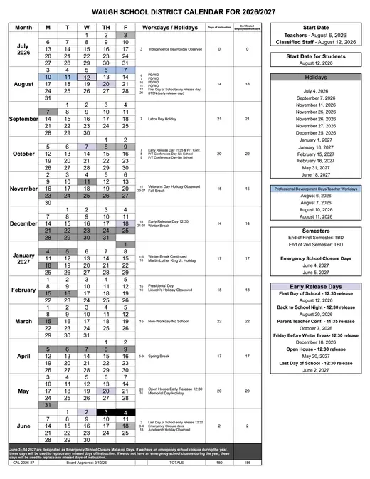 Waugh School District 2026–2027 Academic Calendar Page 1