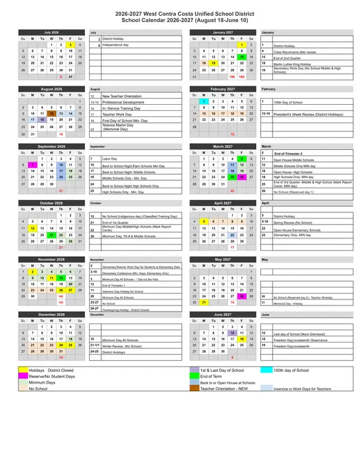 West Contra Costa Unified School District 2026–2027 Academic Calendar