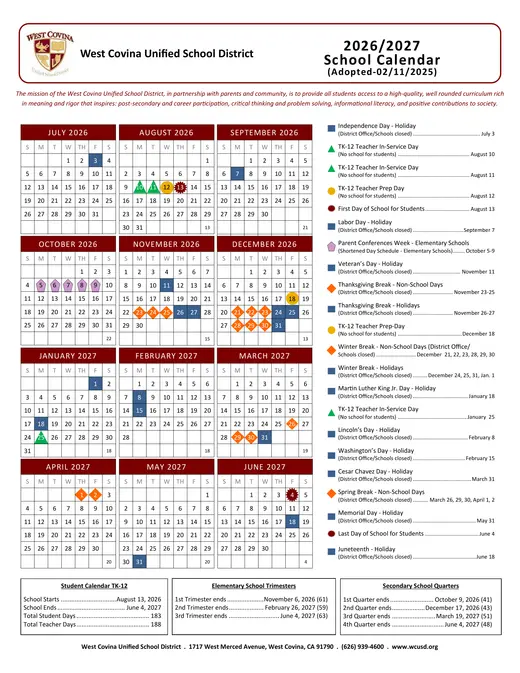West Covina Unified School District 2026–2027 Academic Calendar