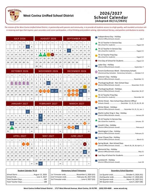 West Covina Unified School District 2026–2027 Academic Calendar