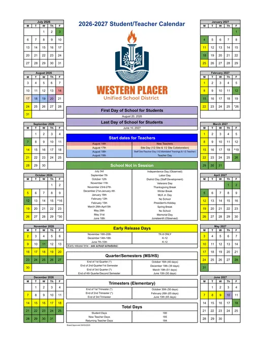 Western Placer Unified School District WPUSD 2026–2027 Academic Calendar