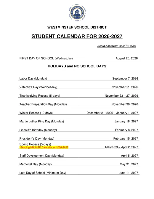 Westminster School District 2026–2027 Academic Calendar