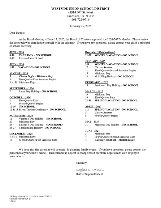 Westside Union School District 2026–2027 Academic Calendar