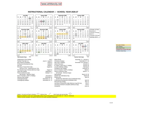 Whittier City School District 2026–2027 Academic Calendar