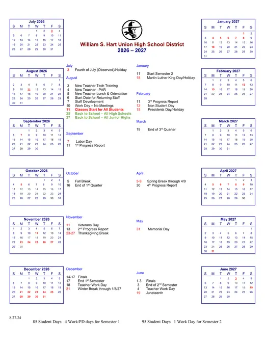 William S. Hart Union High School District 2026–2027 Academic Calendar