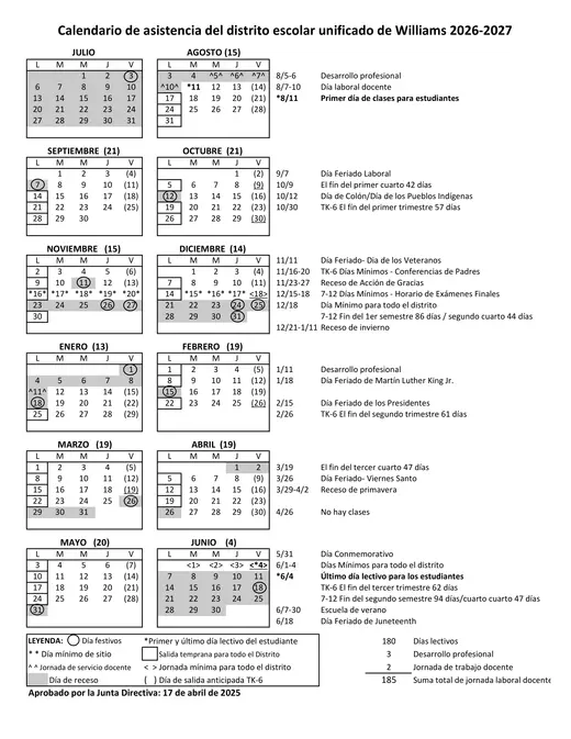 Williams Unified School District 2026–2027 Academic Calendar Page 1