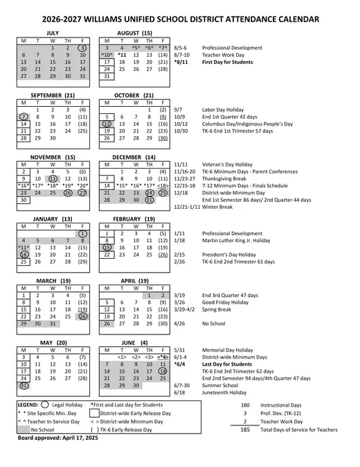 Williams Unified School District 2026–2027 Academic Calendar Page 2