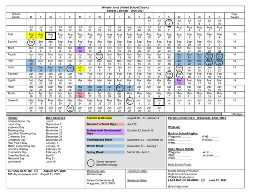 Winters Joint Unified School District WJUSD 2026–2027 Academic Calendar