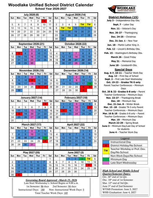 Woodlake Unified School District 2026–2027 Academic Calendar