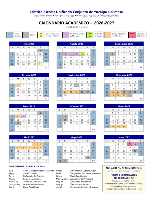 Yucaipa-Calimesa Joint Unified School District 2026–2027 Academic Calendar Page 1