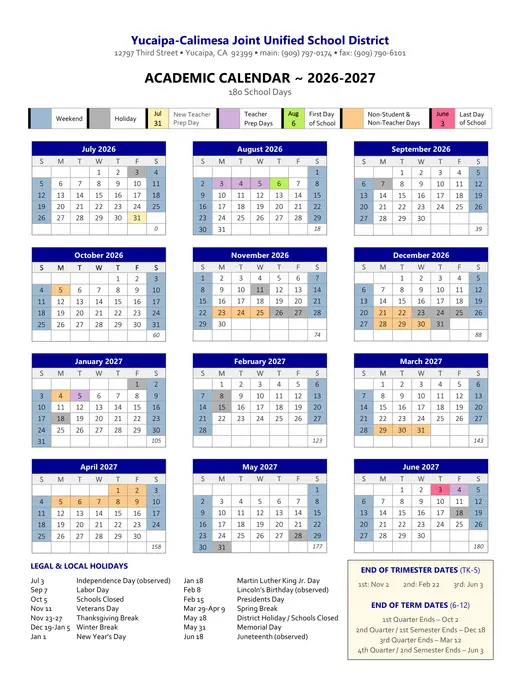 Yucaipa-Calimesa Joint Unified School District 2026–2027 Academic Calendar Page 2