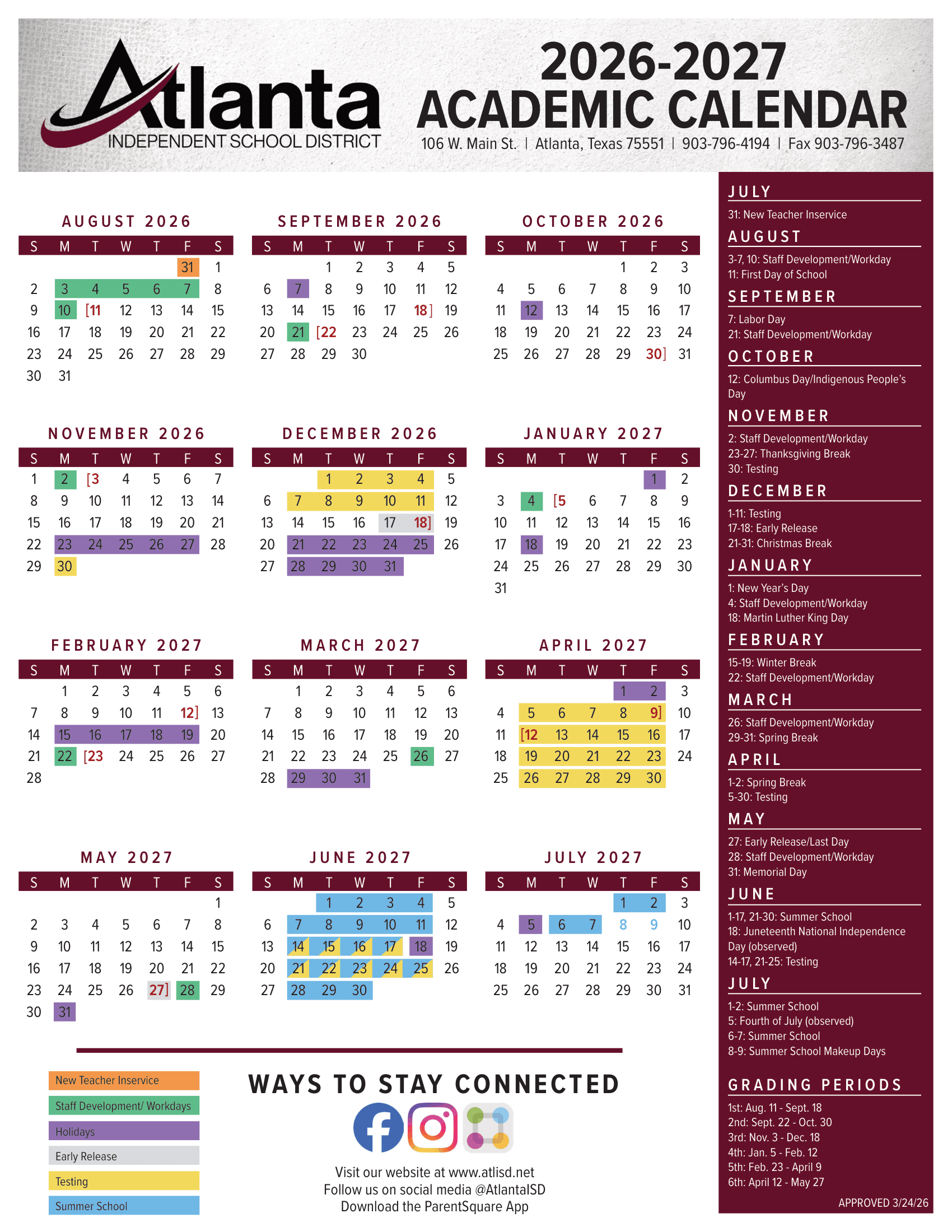 Atlanta Independent School District 2026–2027 academic calendar