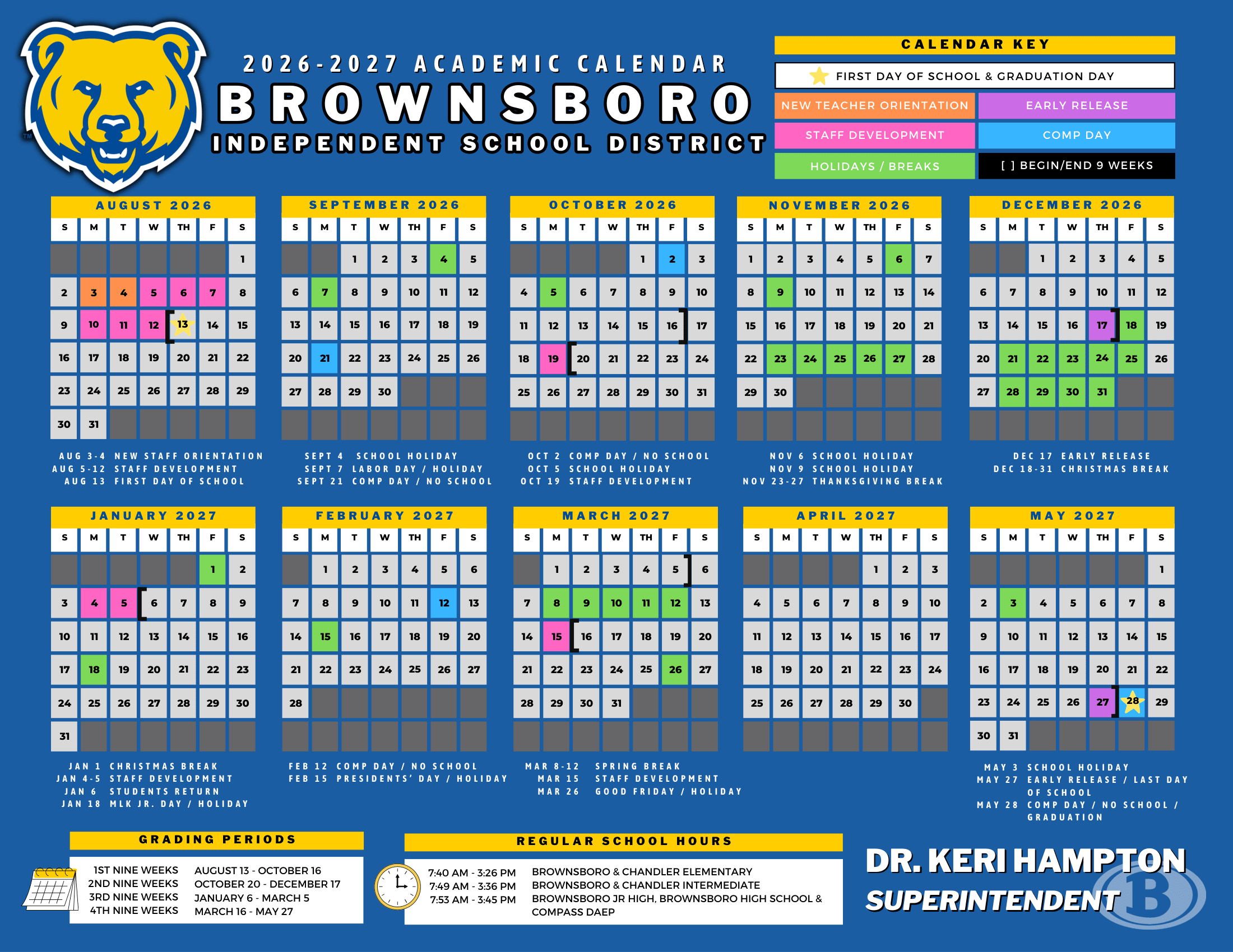 Brownsboro Independent School District 2026–2027 academic calendar