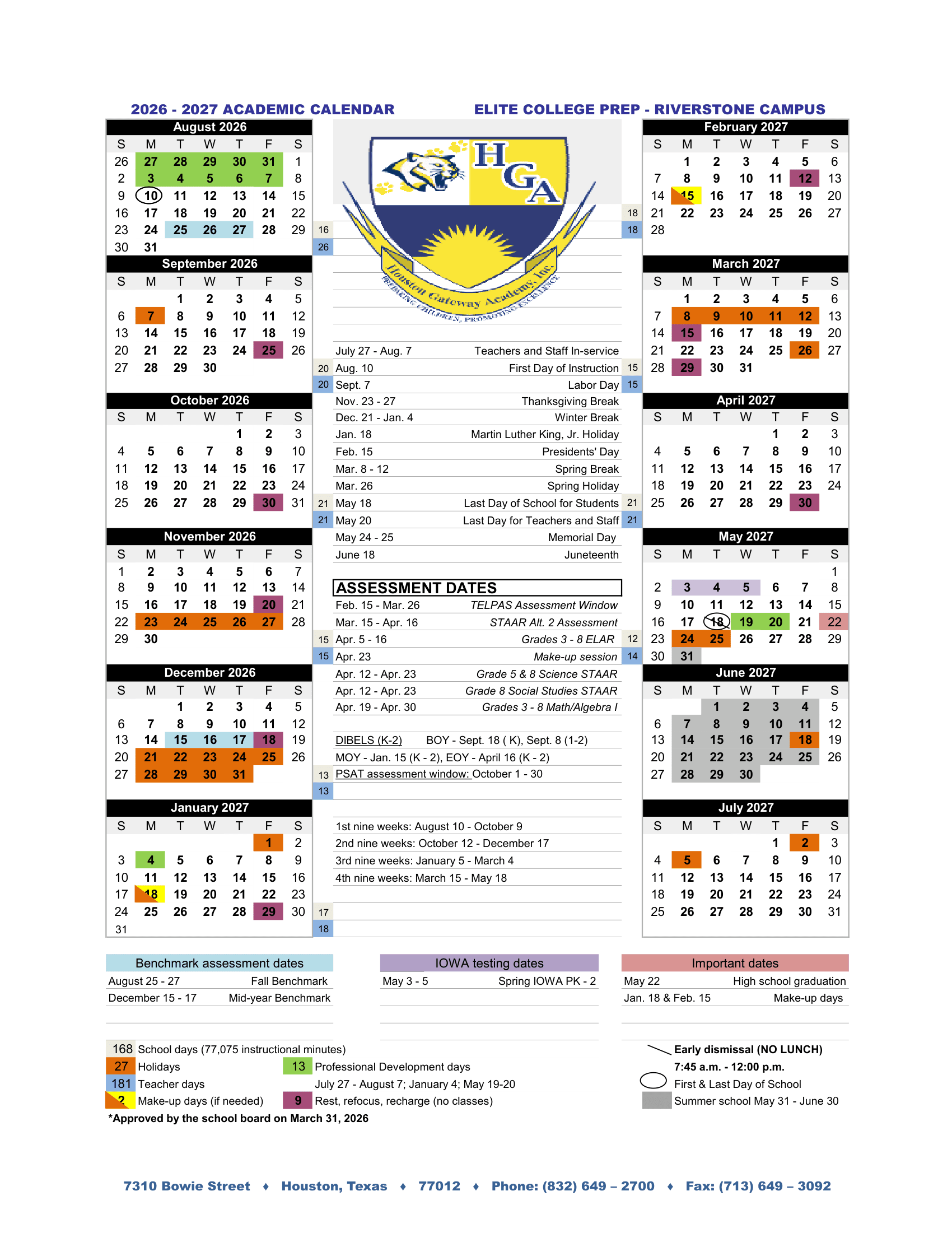 Elite College Prep - Riverstone Campus 2026–2027 academic calendar