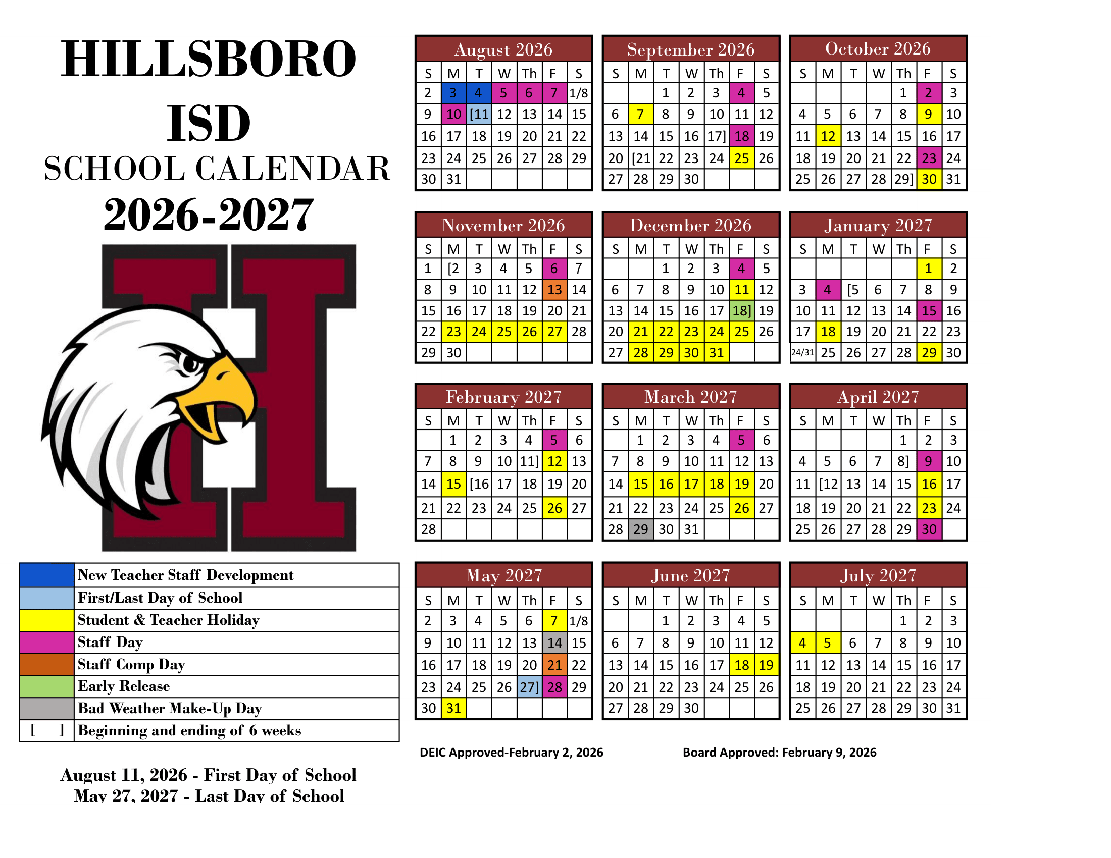Hillsboro ISD 2026–2027 academic calendar