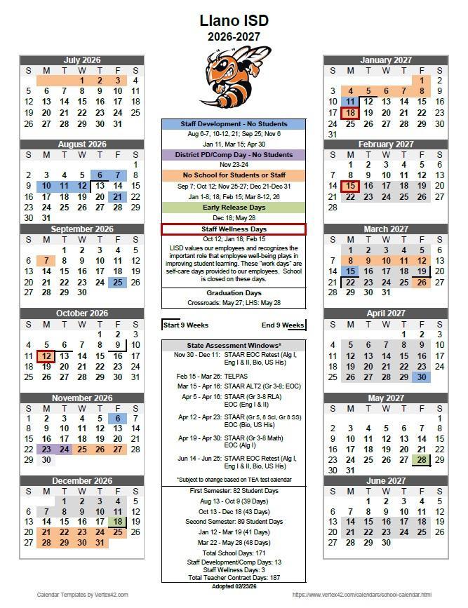 Llano ISD 2026–2027 academic calendar — page 1