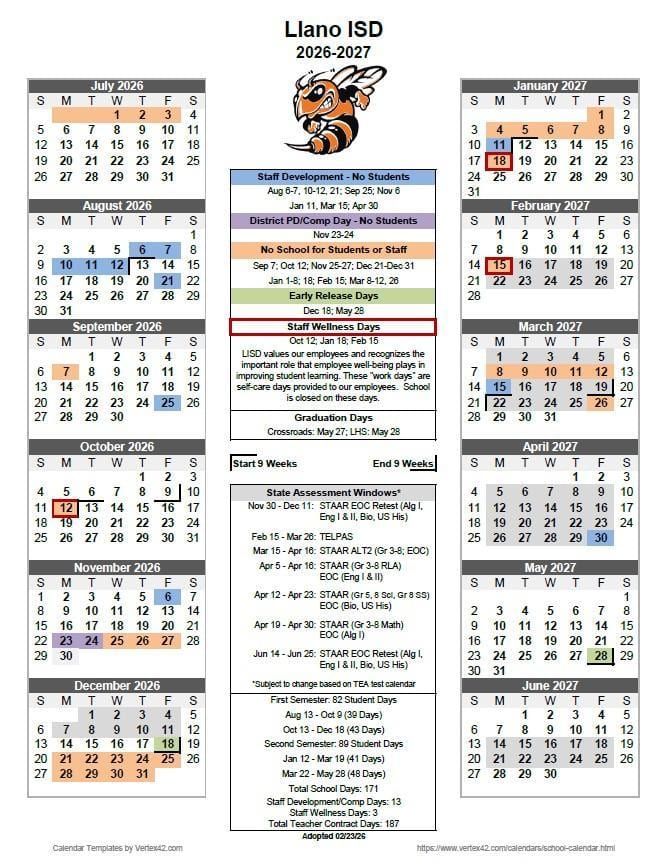 Llano ISD 2026–2027 academic calendar — page 3