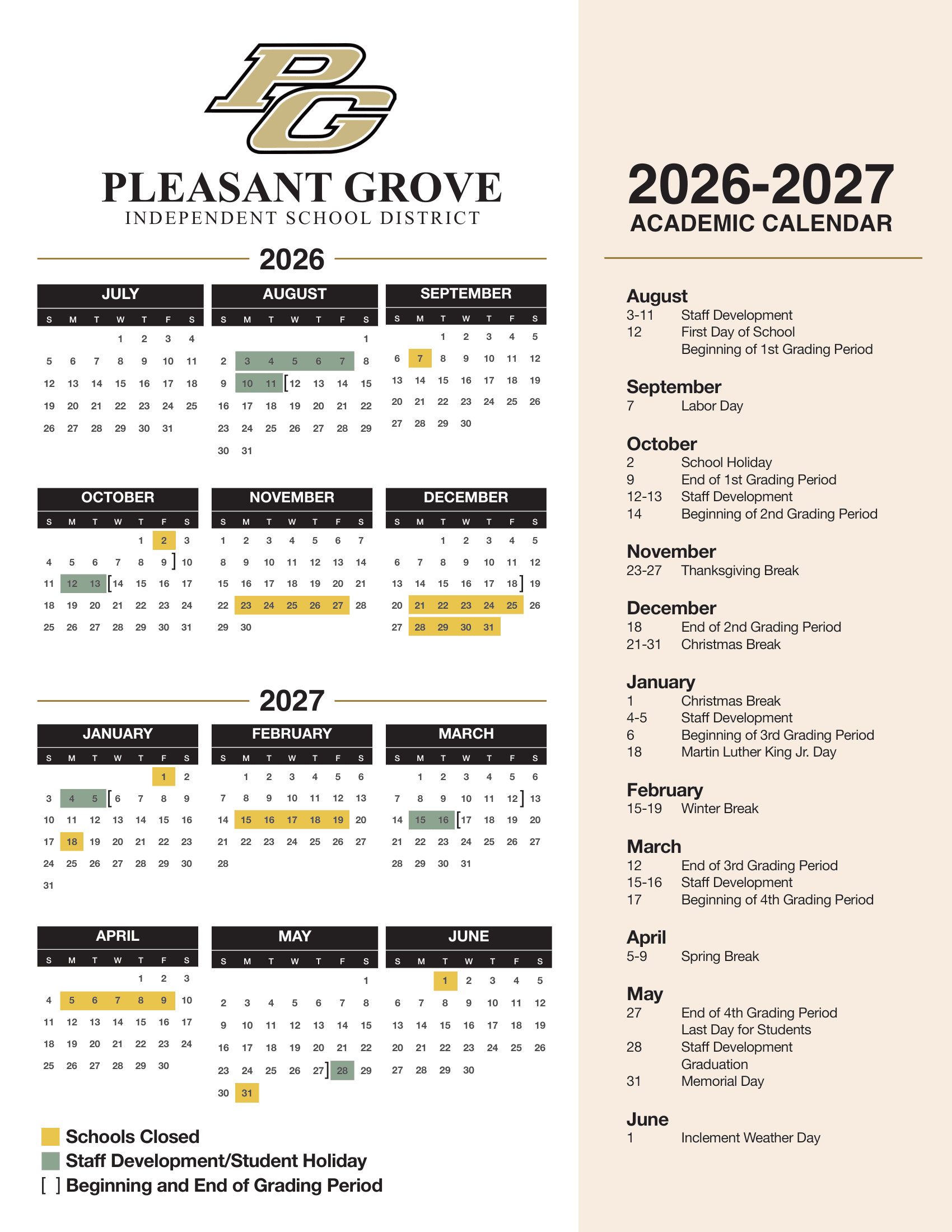 Pleasant Grove Independent School District 2026–2027 academic calendar — page 1