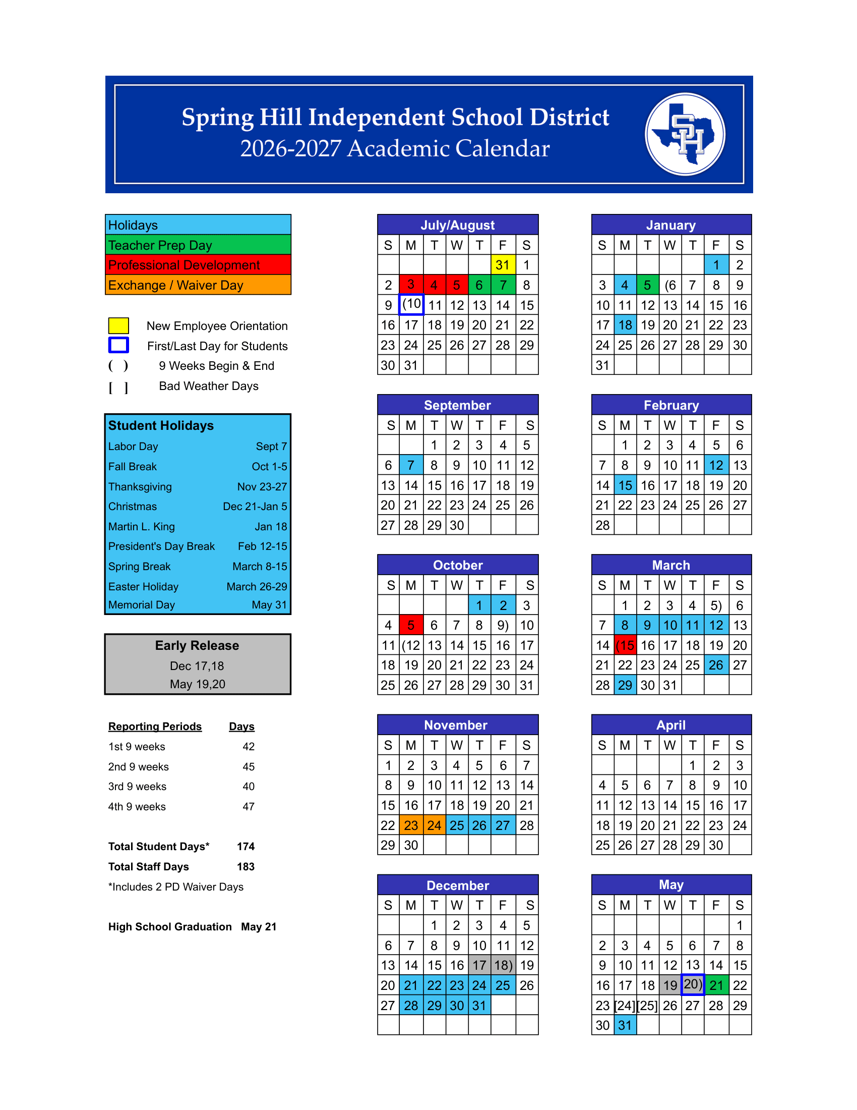 Spring Hill Independent School District 2026–2027 academic calendar