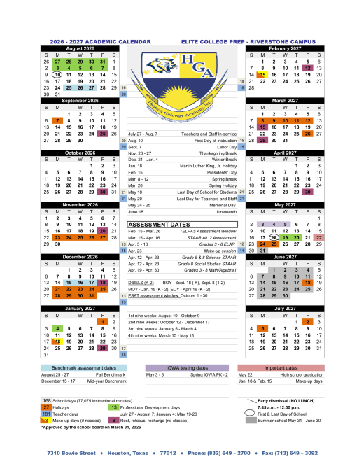 Elite College Prep - Riverstone Campus 2026–2027 Academic Calendar