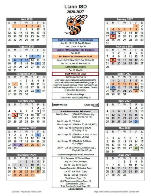 Llano ISD 2026–2027 Academic Calendar Page 3