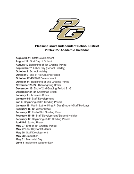 Pleasant Grove Independent School District 2026–2027 Academic Calendar Page 2