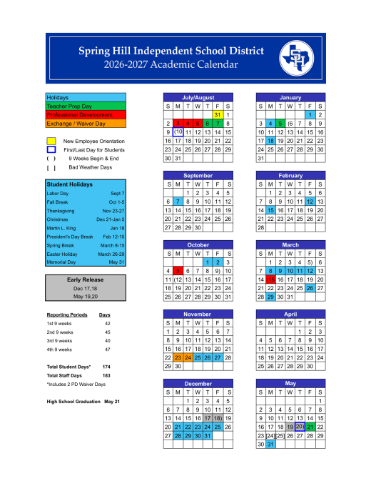 Spring Hill Independent School District 2026–2027 Academic Calendar