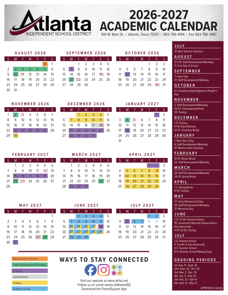 Atlanta Independent School District 2026–2027 Academic Calendar