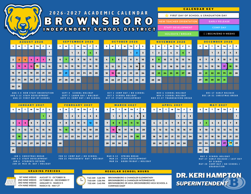 Brownsboro Independent School District 2026–2027 Academic Calendar